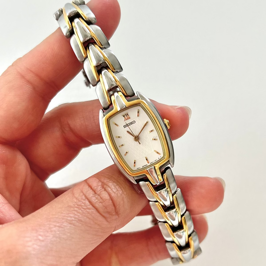 Seiko two-tone tonneau ladies watch, front.