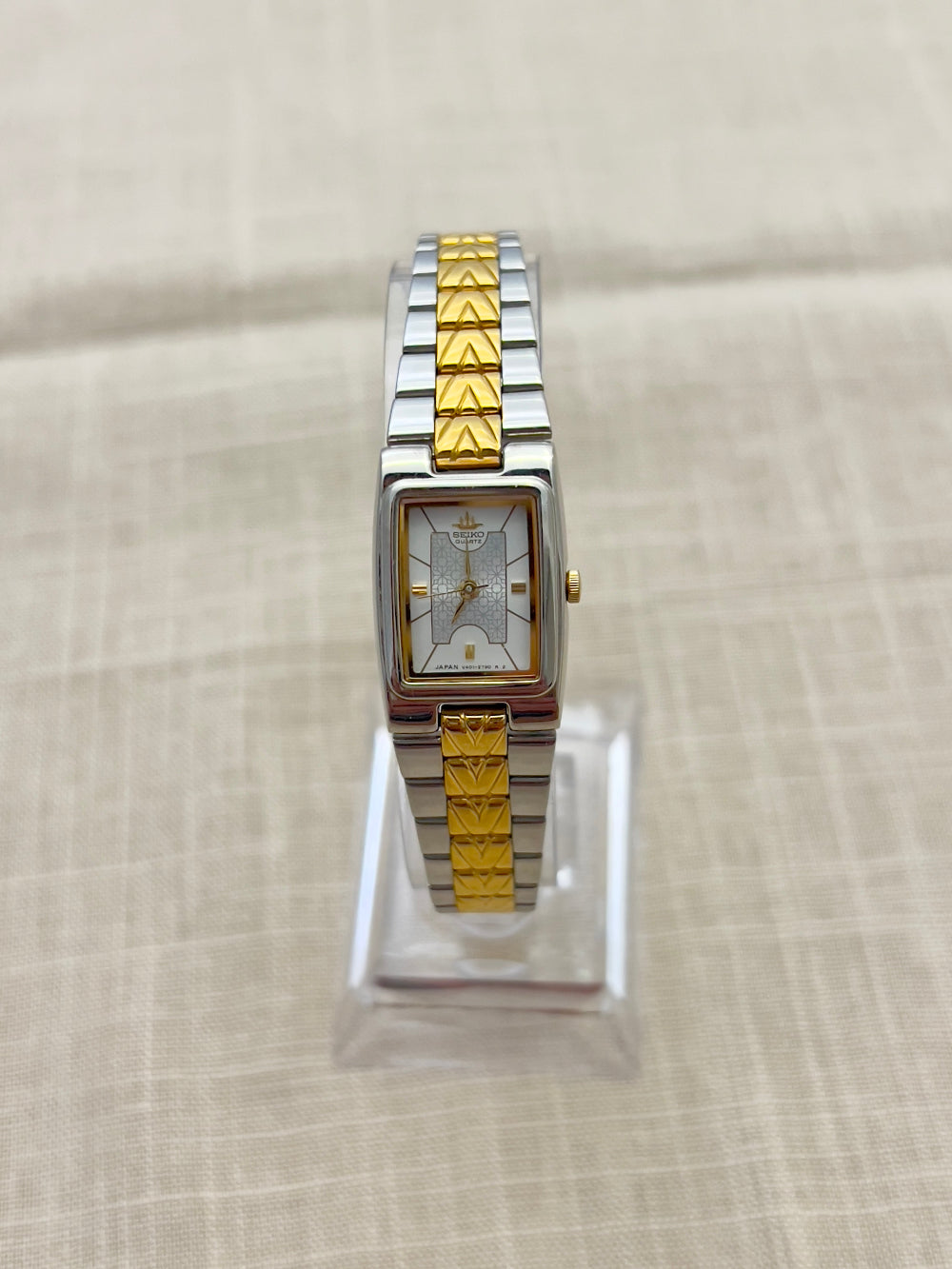 Seiko Two Toned Woman's Tank Watch, wrist shot of a vintage women's watch at Gilded Hour.