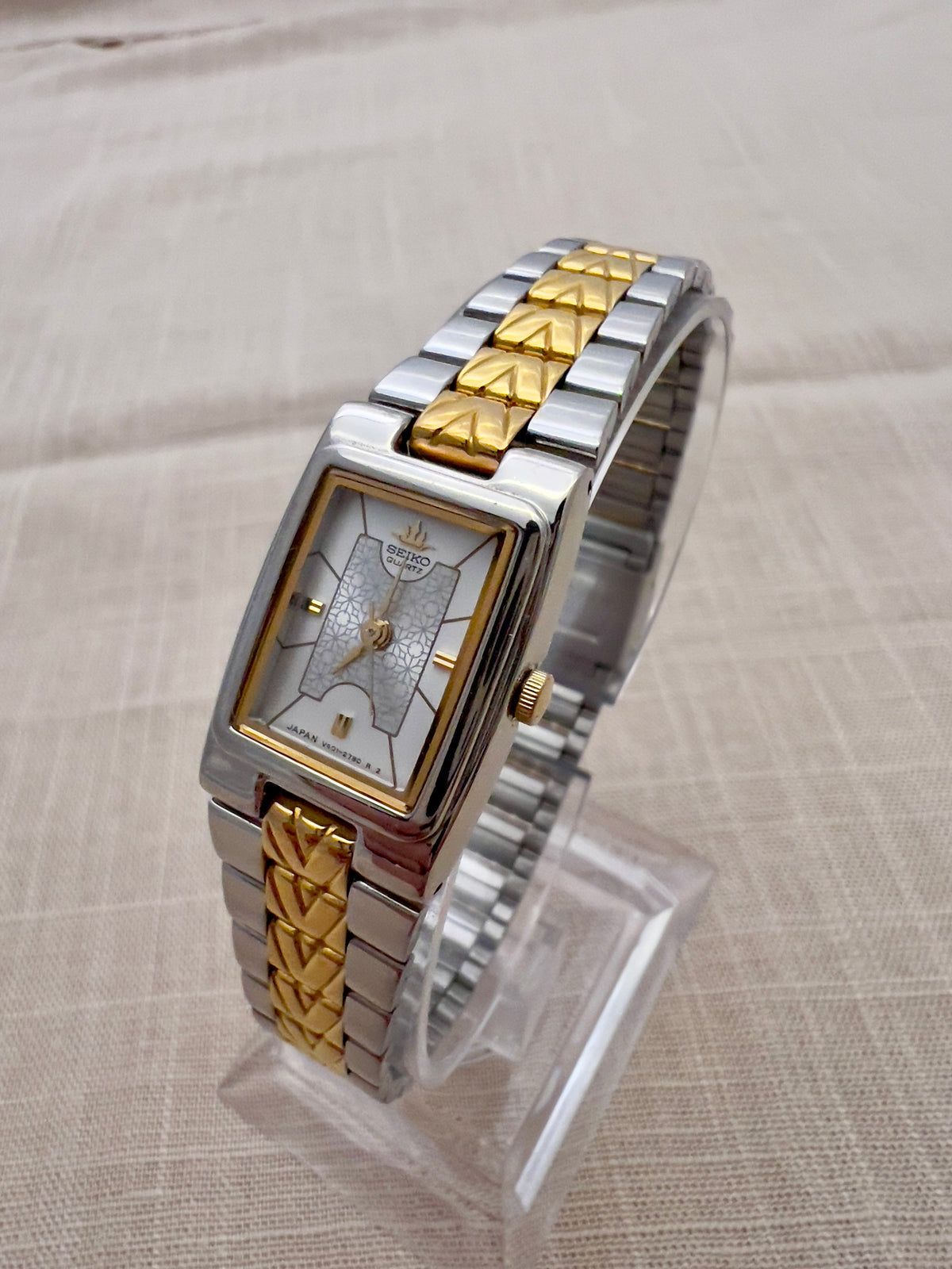 Seiko Two Toned Woman's Tank Watch, angled view of a vintage women's watch at Gilded Hour.