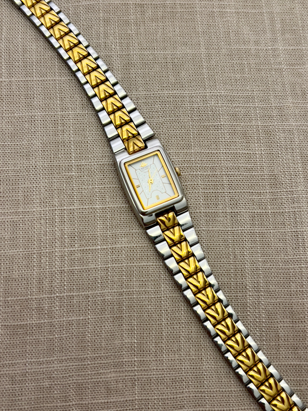 Seiko Two Toned Woman's Tank Watch, dial close up of a vintage women's watch at Gilded Hour.
