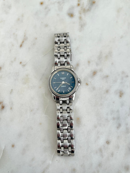 Tissot Ballade Ladies’ Watch with Navy Blue Dial, angled view of a vintage women's watch at Gilded Hour.
