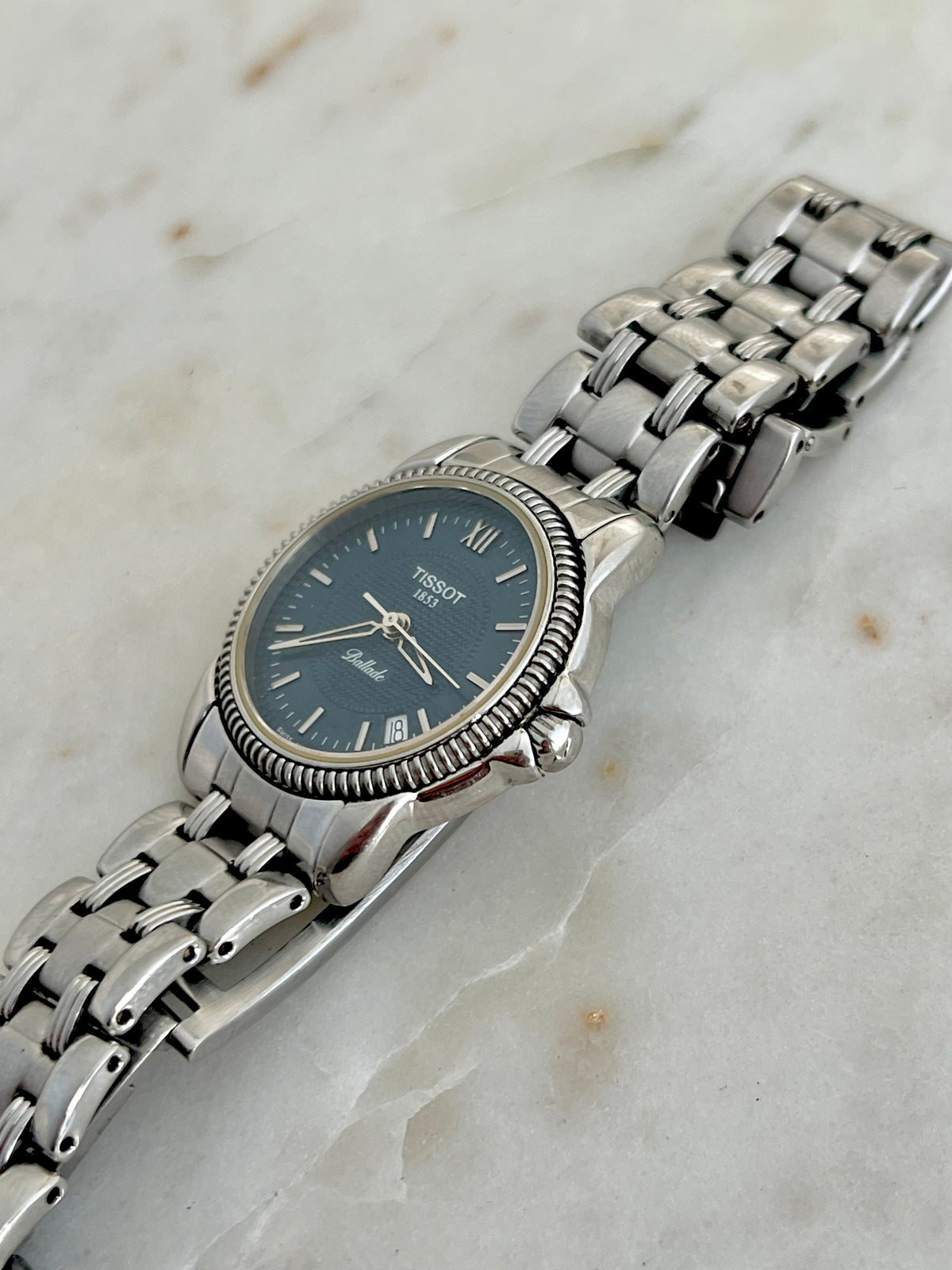 Tissot Ballade Ladies’ Watch with Navy Blue Dial, bracelet detail of a vintage women's watch at Gilded Hour.