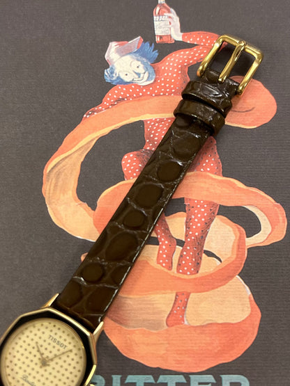 Tissot Boutique Dotted Dial Gold Octagonal Women’s Watch, buckle detail.