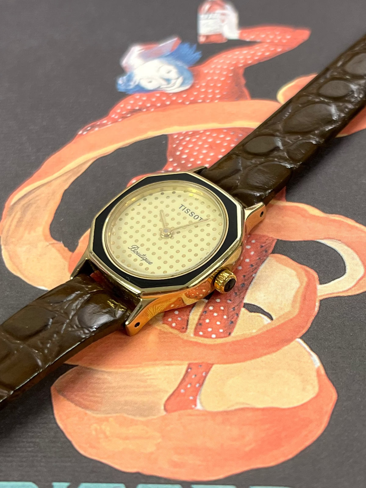 Tissot Boutique Dotted Dial Gold Octagonal Women’s Watch, product view.