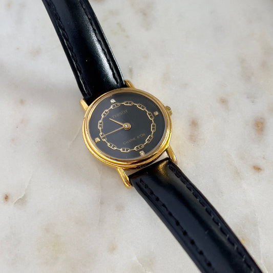Tissot Chaîne d’Or Ladies Watch – Black Dial, Gold Case, Leather Strap, box set of a vintage women's watch at Gilded Hour.