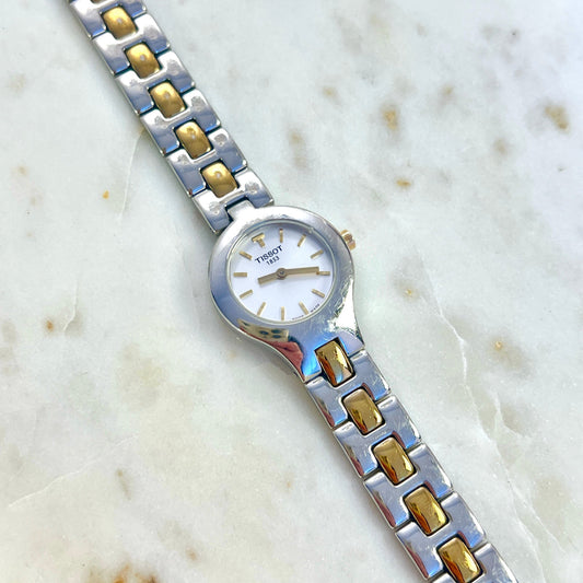 Tissot Two Tone Woman's Watch, dial close up of a vintage women's watch at Gilded Hour.