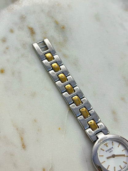 Tissot White Dial Two Tone Bracelet Women’s Watch; two tone bracelet with broad silver tone links and gold tone connectors. Product photograph 5 of 11.