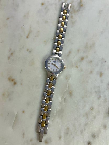 Tissot White Dial Two Tone Bracelet Women’s Watch; two tone bracelet with broad silver tone links and gold tone connectors. Product photograph 10 of 11.