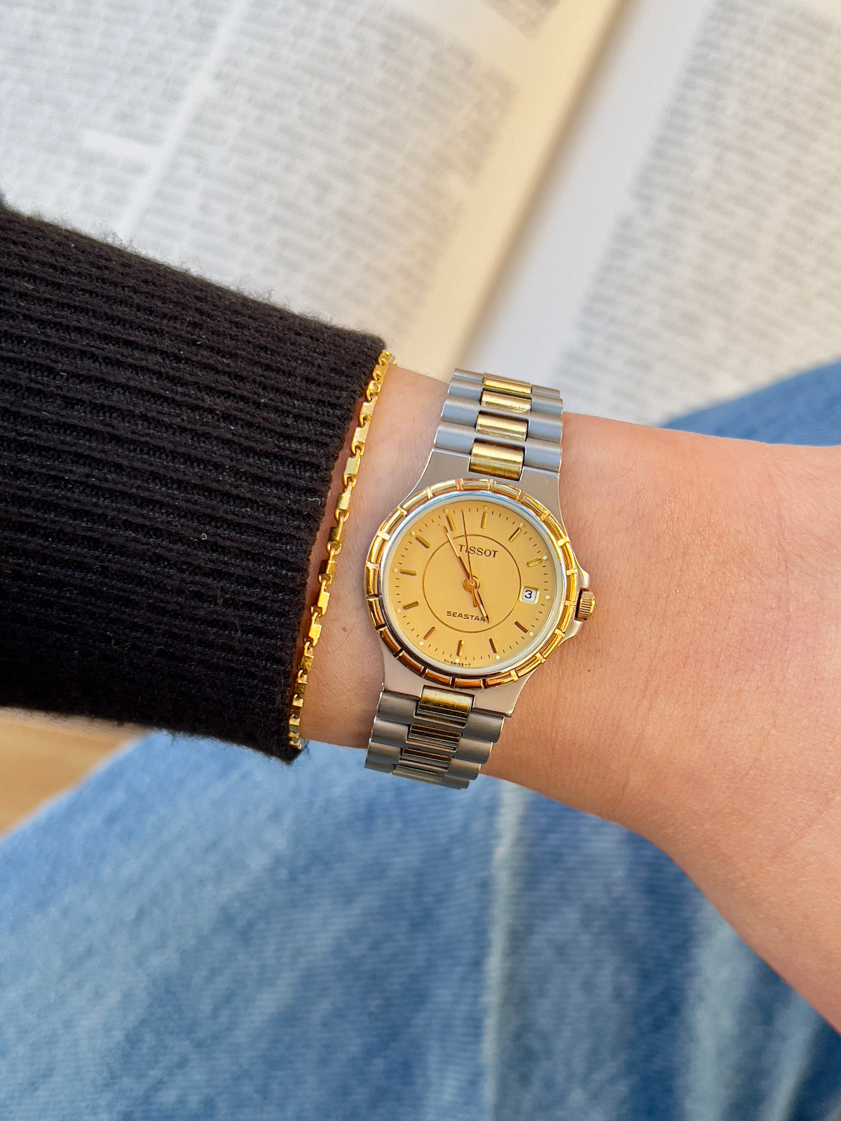 Tissot Seastar Gold Dial Two Tone Date Women’s Watch — product photograph 2, Gilded Hour NZ.