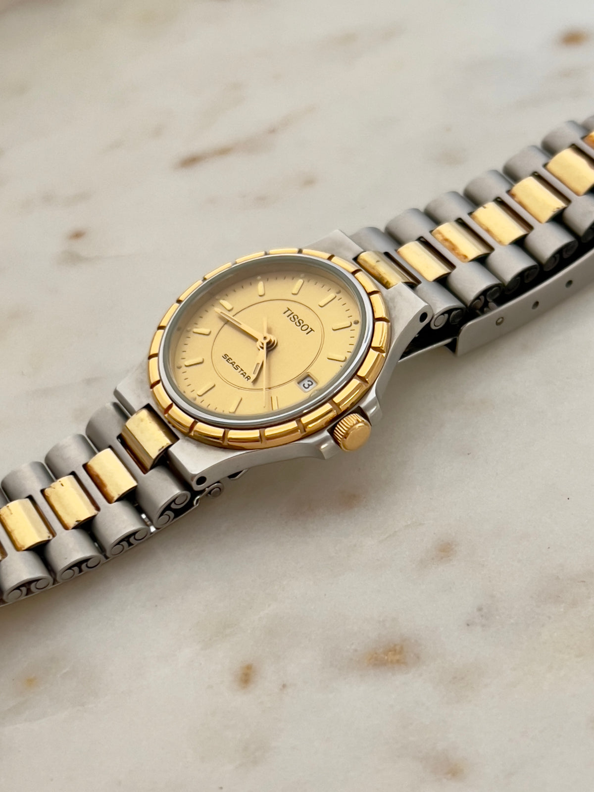 Tissot Seastar Gold Dial Two Tone Date Women’s Watch — product photograph 5, Gilded Hour NZ.