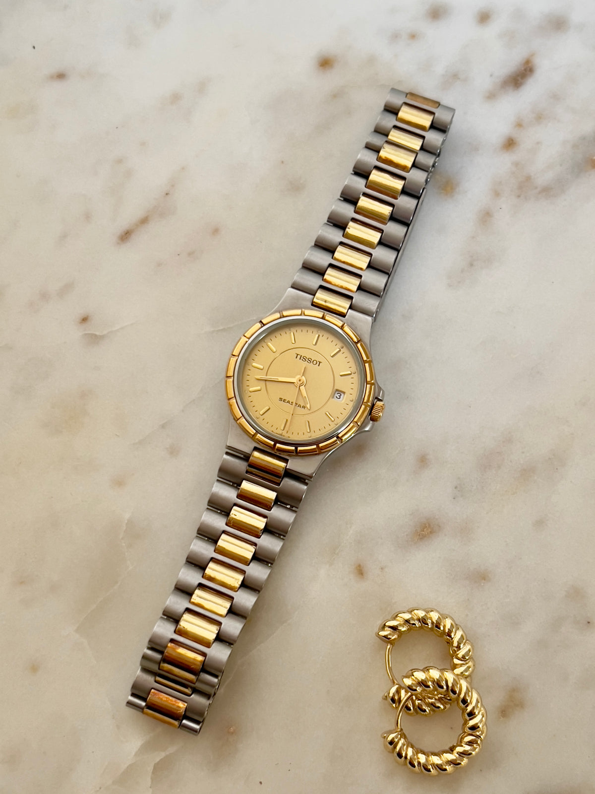 Tissot Seastar Gold Dial Two Tone Date Women’s Watch — product photograph 7, Gilded Hour NZ.