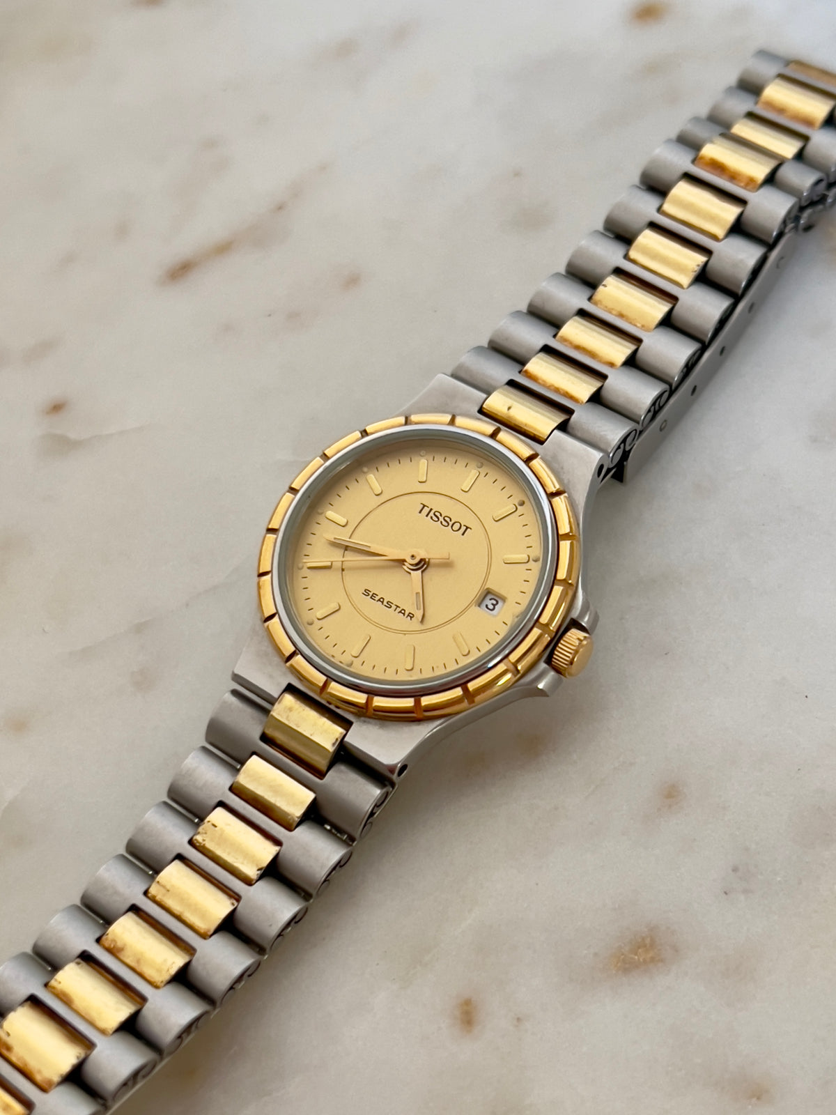 Tissot Seastar Gold Dial Two Tone Date Women’s Watch — product photograph 8, Gilded Hour NZ.
