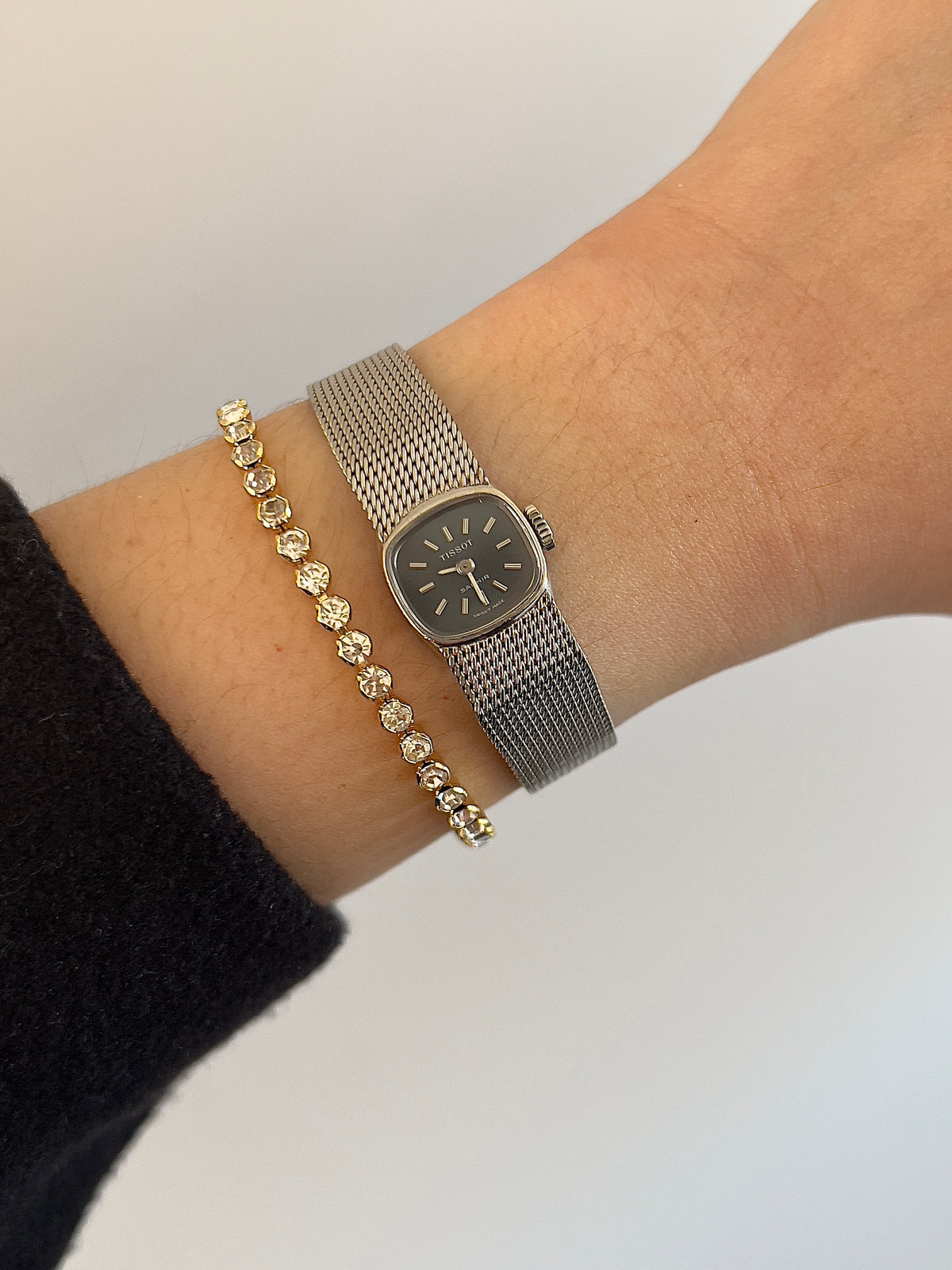 Tissot Saphir Dark Dial Silver Cushion Women's Watch — product photograph 2, Gilded Hour NZ.