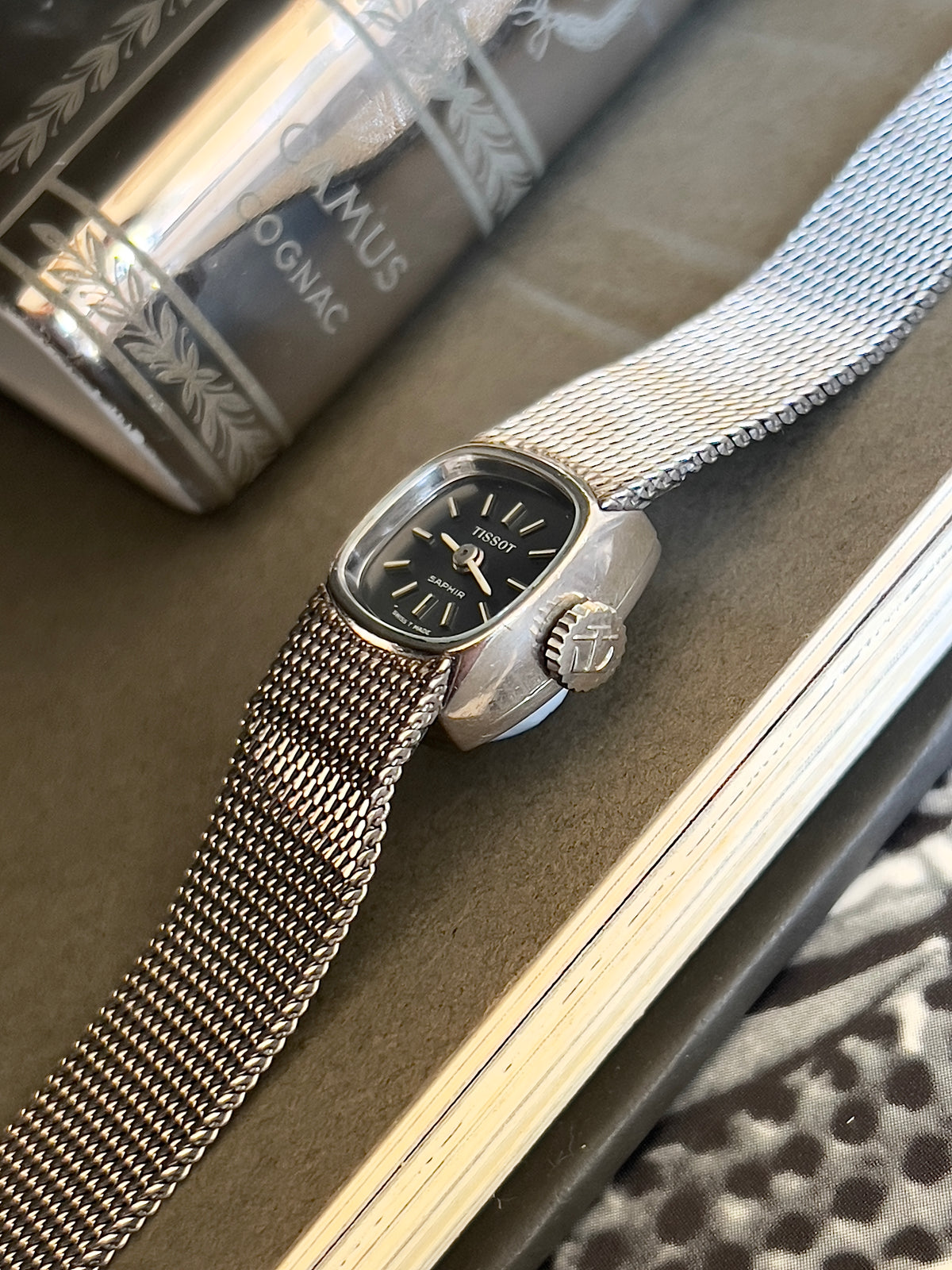 Tissot Saphir Dark Dial Silver Cushion Women's Watch — product photograph 6, Gilded Hour NZ.