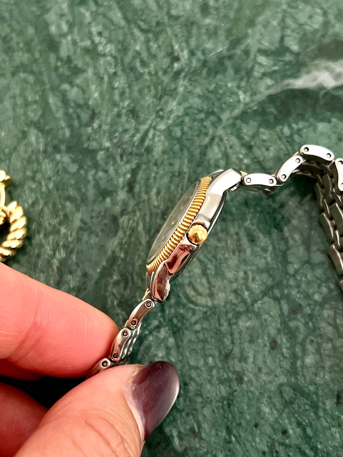 Tissot Mother of Pearl Diamond Accent watch — side profile and crown