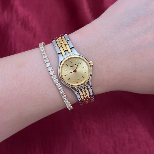 Tissot Classic Two-Tone Gold Dial Women’s Watch, wrist shot of a vintage women's watch at Gilded Hour.
