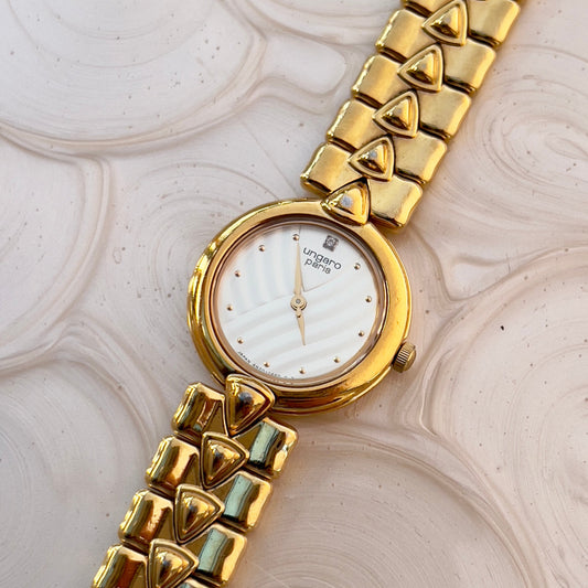 Seiko x Ungaro Gold Toned Woman's Watch with Intricate Bracelet, product photograph 1.