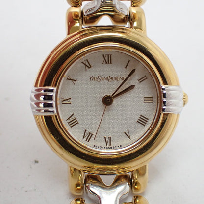 Front view of the Yves Saint Laurent 5430-F43071 with a silver Chidori-textured Roman numeral dial and two-tone bracelet
