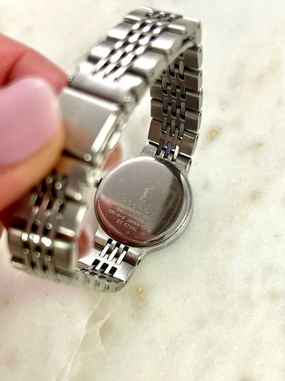 Yves Saint Laurent Black Dial Silver Bracelet Women’s Watch; silver tone bracelet with multiple rows of links. Product photograph 3 of 8.