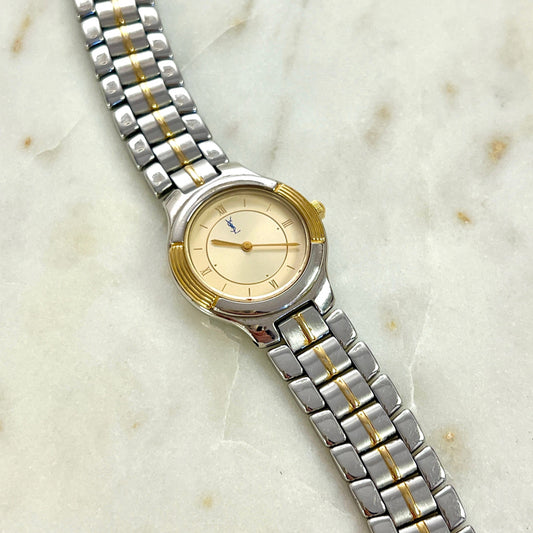 Yves Saint Lauren Two-Tone Ladies Watch, box set of a vintage women's watch at Gilded Hour.