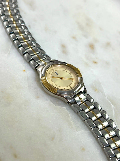 Yves Saint Laurent Gold Sunburst Dial Two Tone Women’s Watch; integrated two tone bracelet with gold tone centre details. Product photograph 4 of 10.