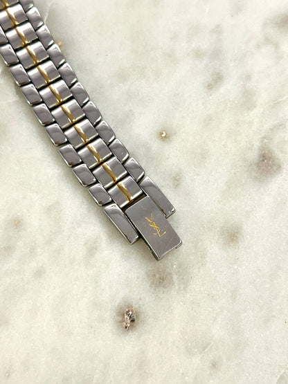 Yves Saint Laurent Gold Sunburst Dial Two Tone Women’s Watch; integrated two tone bracelet with gold tone centre details. Product photograph 5 of 10.