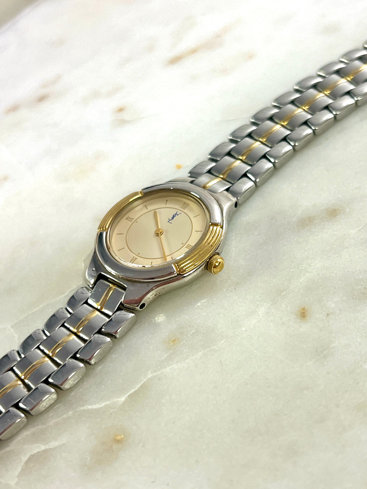 Yves Saint Laurent Gold Sunburst Dial Two Tone Women’s Watch; integrated two tone bracelet with gold tone centre details. Product photograph 6 of 10.