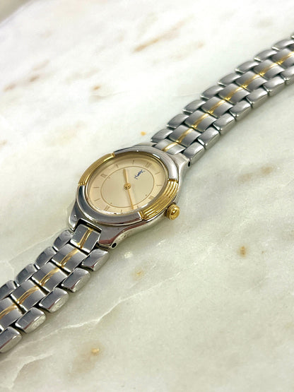 Yves Saint Laurent Gold Sunburst Dial Two Tone Women’s Watch; integrated two tone bracelet with gold tone centre details. Product photograph 6 of 10.