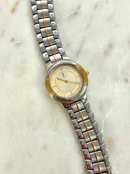 Yves Saint Laurent Gold Sunburst Dial Two Tone Women’s Watch; integrated two tone bracelet with gold tone centre details. Product photograph 7 of 10.
