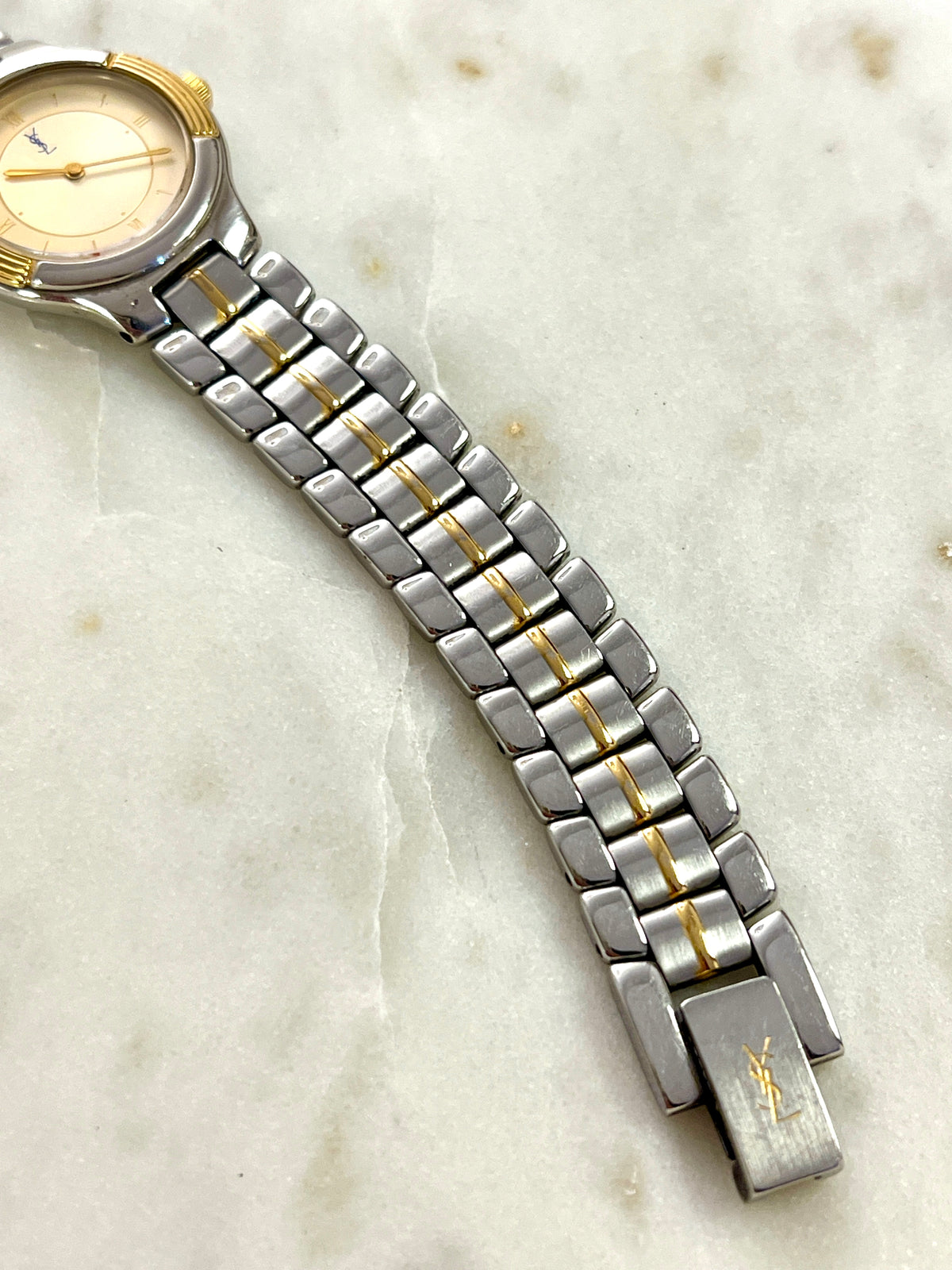 Yves Saint Laurent Gold Sunburst Dial Two Tone Women’s Watch; integrated two tone bracelet with gold tone centre details. Product photograph 8 of 10.