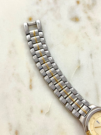 Yves Saint Laurent Gold Sunburst Dial Two Tone Women’s Watch; integrated two tone bracelet with gold tone centre details. Product photograph 9 of 10.